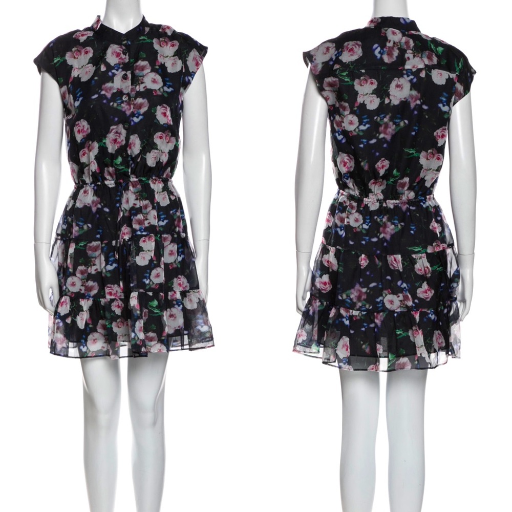 REBECCA MINKOFF Floral Print Short Sleeve Mini A-Line Dress Black/Pink XS NEW